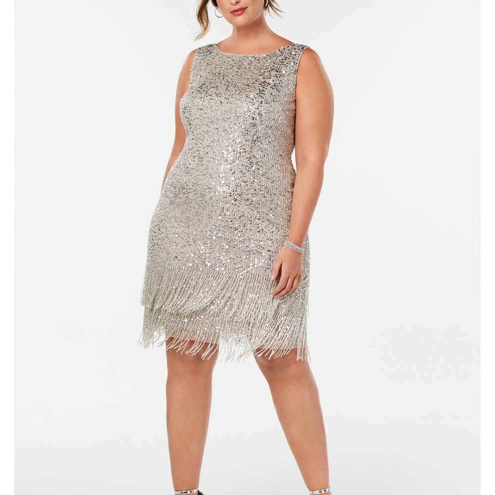 Adrianna Papell Hand Beaded Fringe Shift Dress